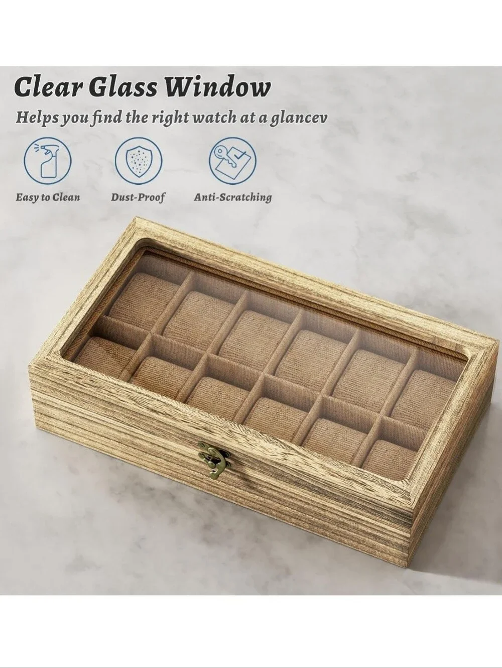 Wooden Glass-Top Watch Storage Box - 12 Slot - Natural Brown